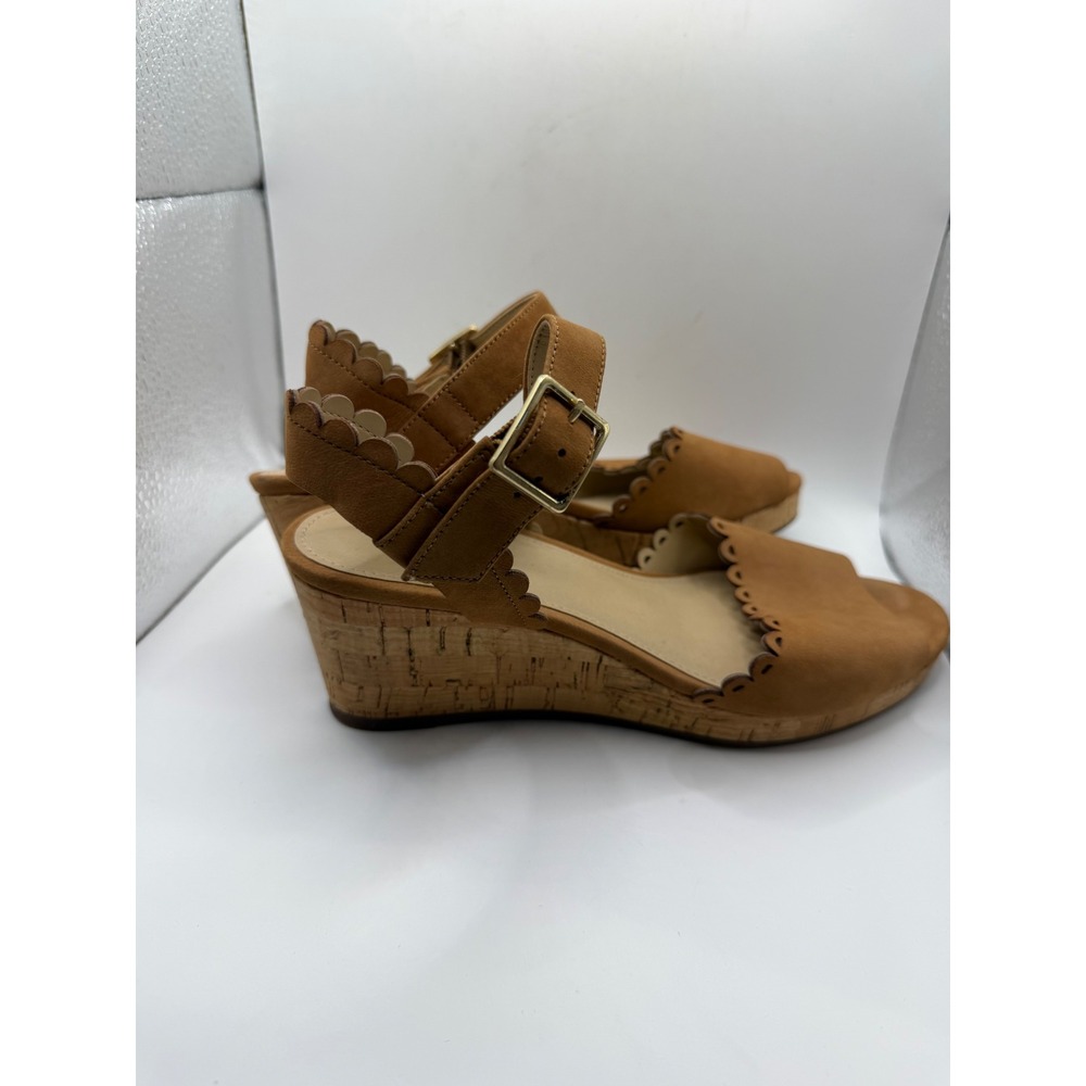 Lands‎ End Womens Scalloped Cork Wedge Sandals Tan Brown Size 6B 495781